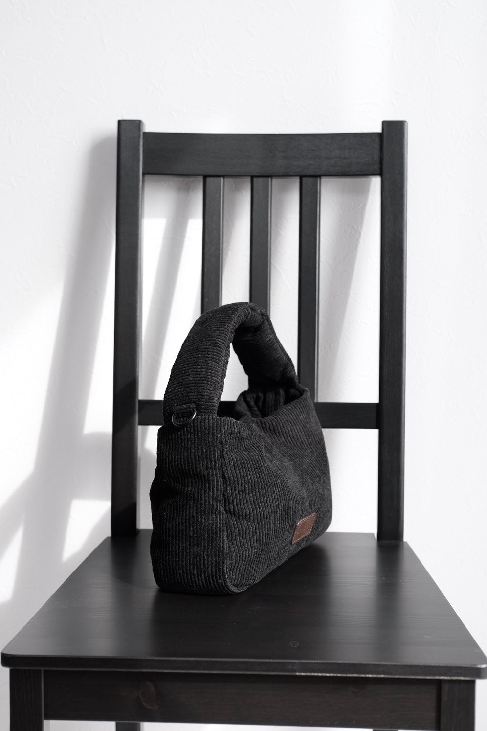 Corduroy Hand Shoulder bag Black(Leather - Brown)