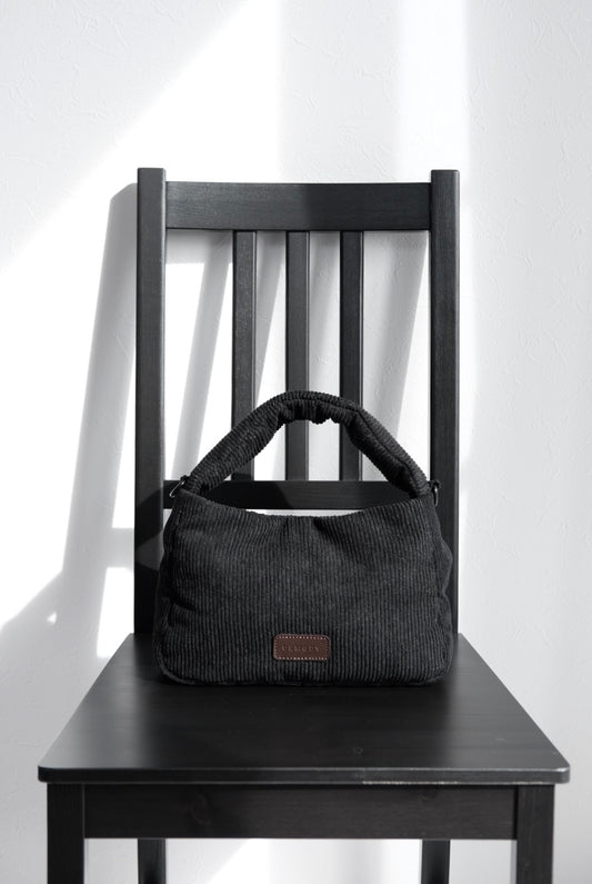 Corduroy Hand Shoulder bag Black(Leather - Brown)